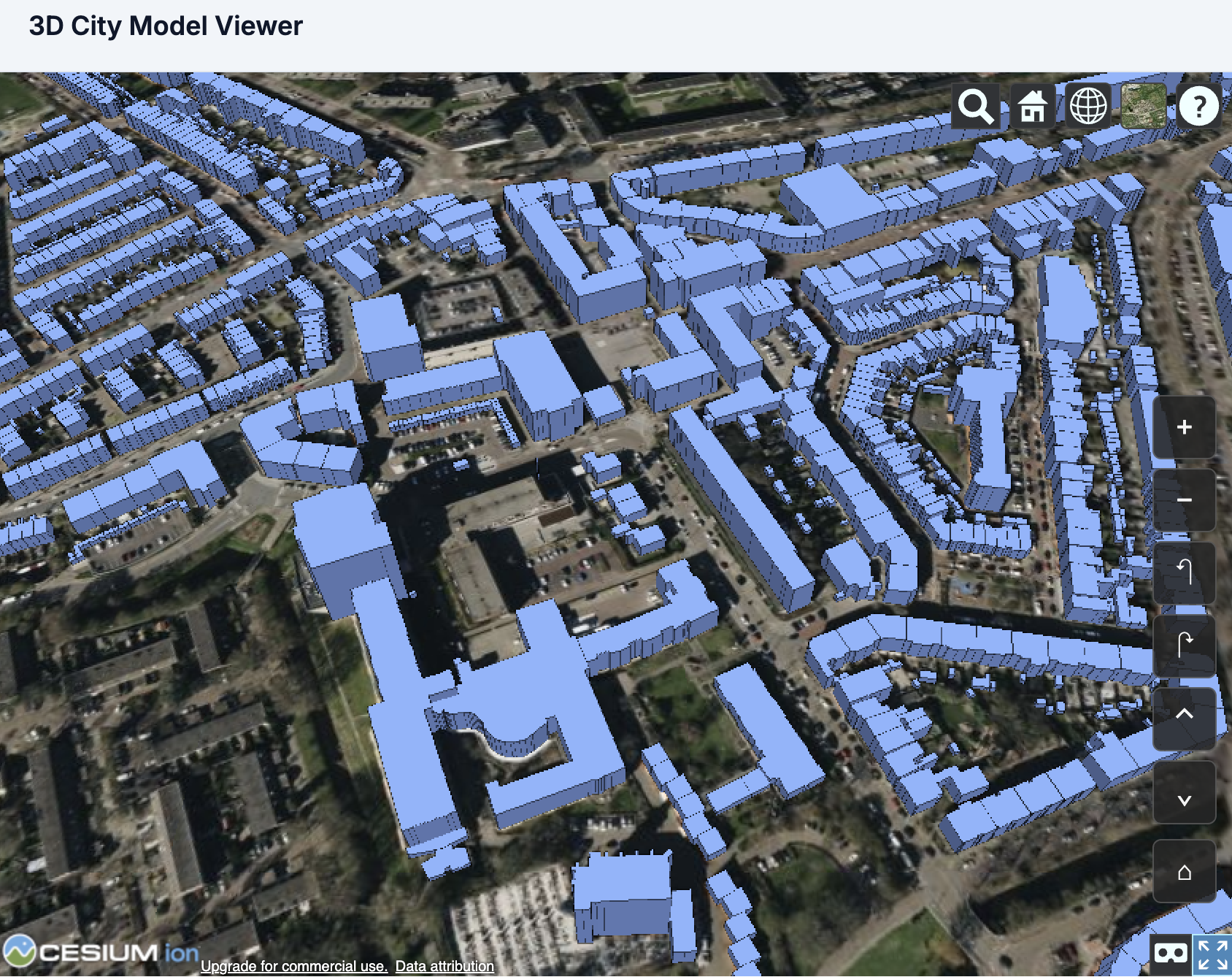 3D viewer showing buildings colour-coded by match result